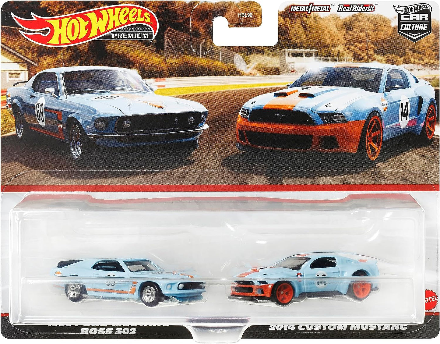 BLISTER DAMAGE - TWIN PACK - GULF - PREMIUM - 1969 FORD MUSTANG BOSS 302 / 2014 CUSTOM MUSTANG