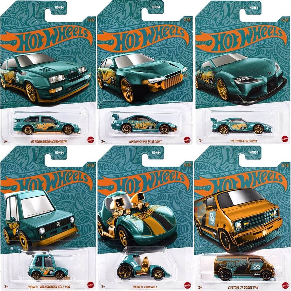 HOT WHEELS 56TH ANNIVERSARY SET OF CARS INCLUDING CHASE WITH FREE PROTECTORS FOR ALL CARS Its Fun