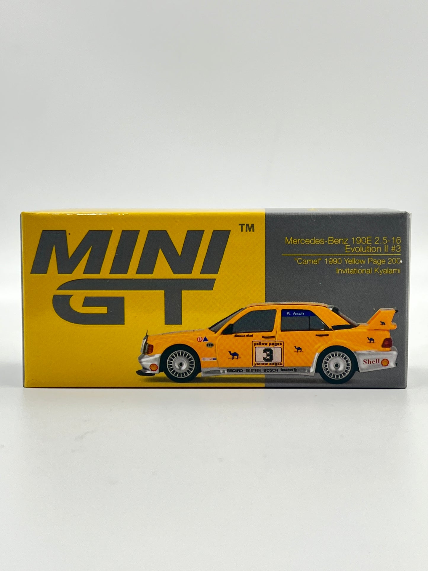 MINI GT - UNSEALED - MERCEDES BENZ 190E 2.6-16 - EVOLUTION II #3 - CAMEL 1990 YELLOW PAGE 200 - #187