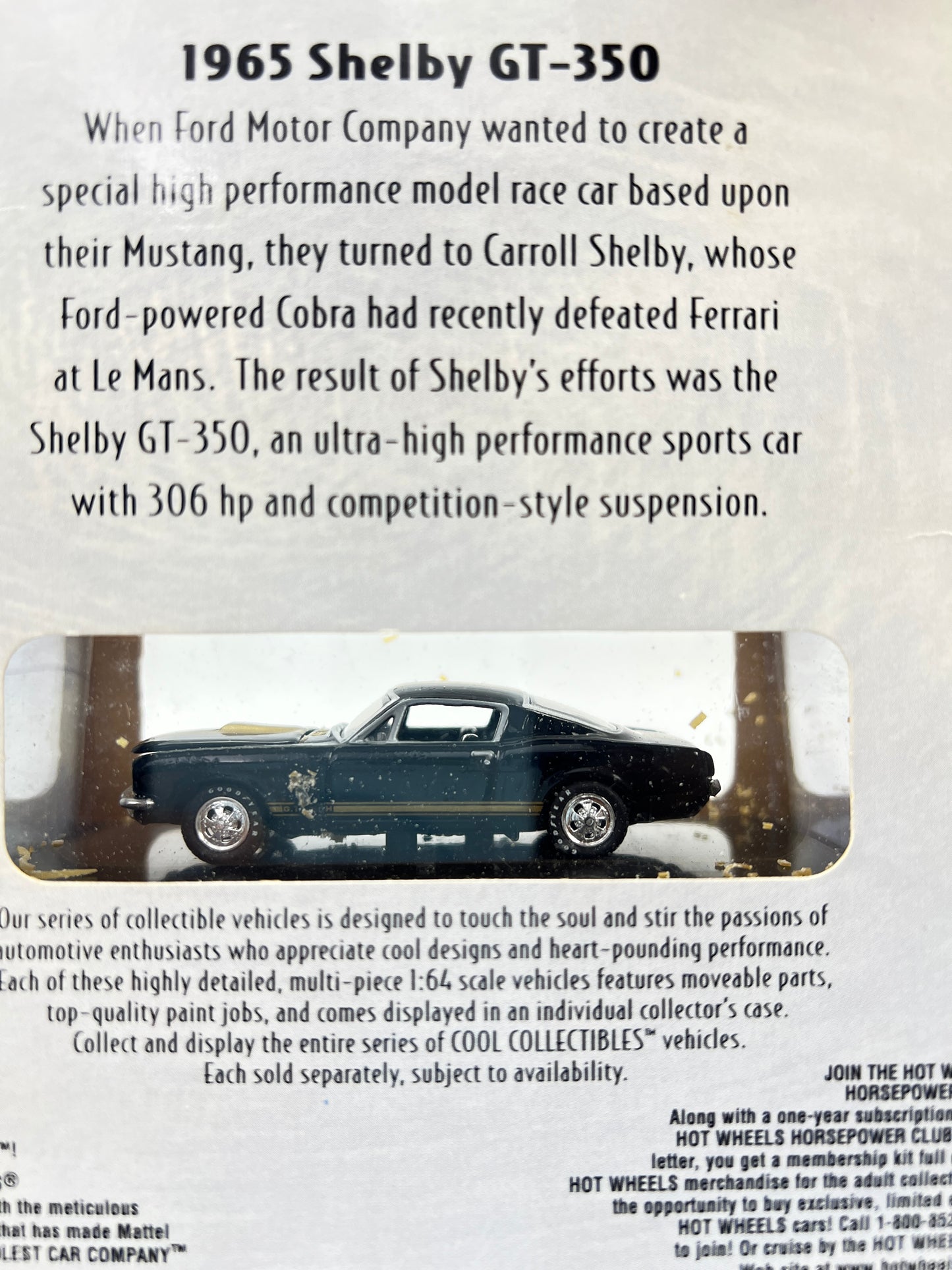 HOT WHEELS ORIGINALS - 1965 SHELBY GT-350 - ACRYLIC CASE SEALED - RUBBER BAND RESIDUE DUE TO AGEING