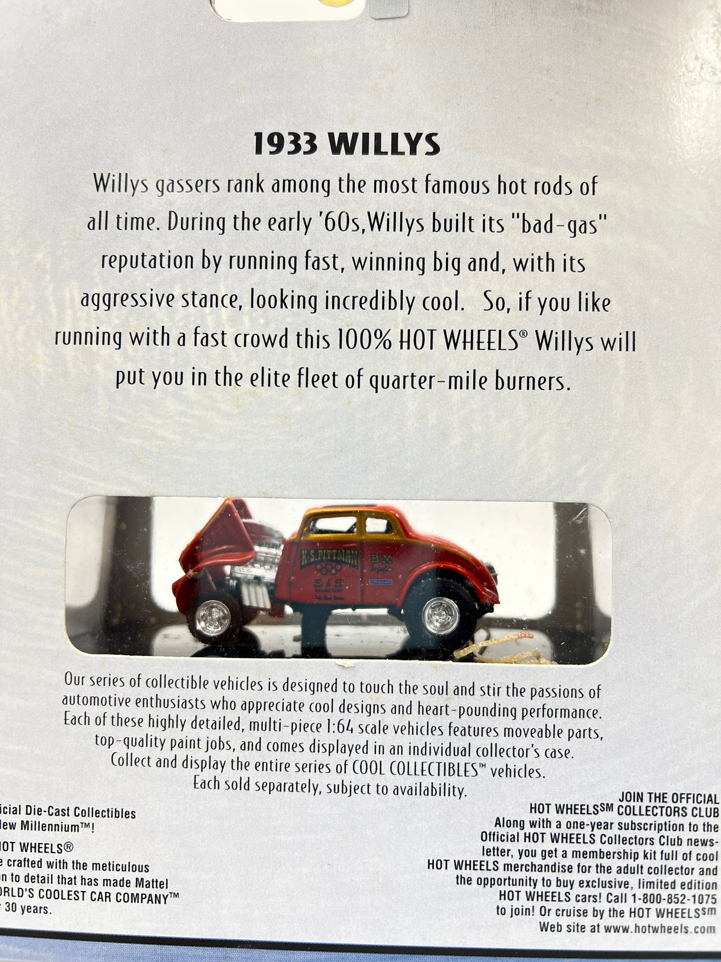 HOT WHEELS ORIGINALS - 1933 WILLYS - ACRYLIC CASE SEALED - RUBBER BAND RESIDUE DUE TO AGEING