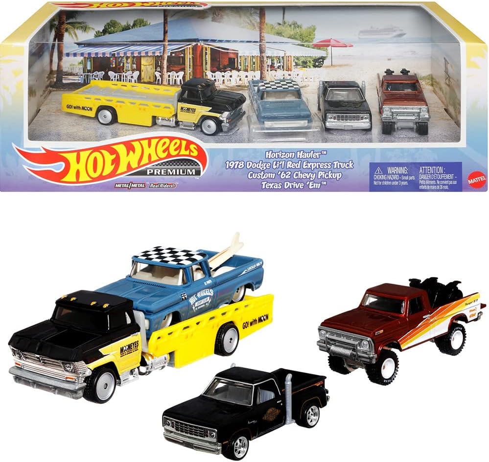 IMPORTED - HOT WHEELS -  DIAROMA BOX - HORIZON HAULER / 1978 DODGE LIL RED EXPRESS TRUCK / CUSTOM 62 CHEVY PICKUP / TEXAS DRIVE EM