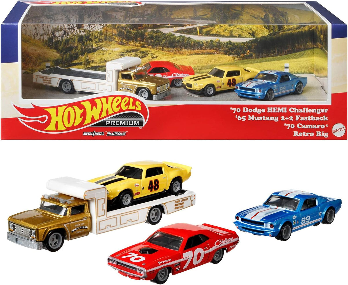 IMPORTED - HOT WHEELS -  DIAROMA BOX - 70 DODGE HEMI CHALLENGER / 65 MUSTANG 2+2 FASTBACK / 70 CAMARO / RETRO RIG (OUTER BOX NOT MINT)