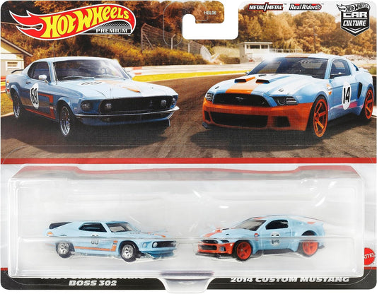 BLISTER DAMAGE - TWIN PACK - GULF - PREMIUM - 1969 FORD MUSTANG BOSS 302 / 2014 CUSTOM MUSTANG