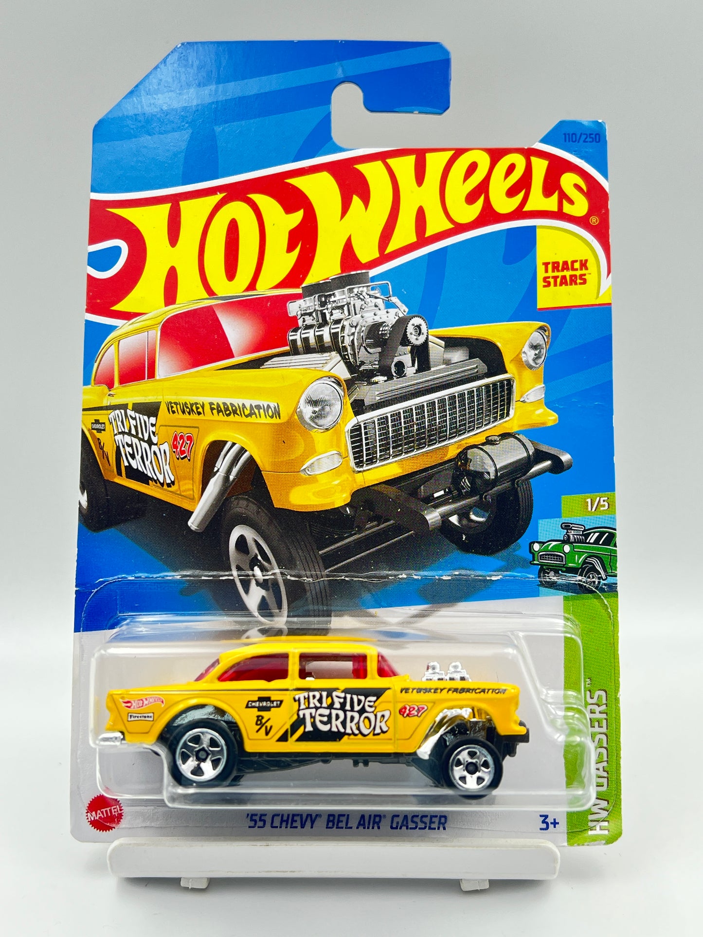 DAMAGED CARD  - IMPORTED - HOT WHEELS -  55 CHEVY BEL AIR GASSER - YELLOW - 9A