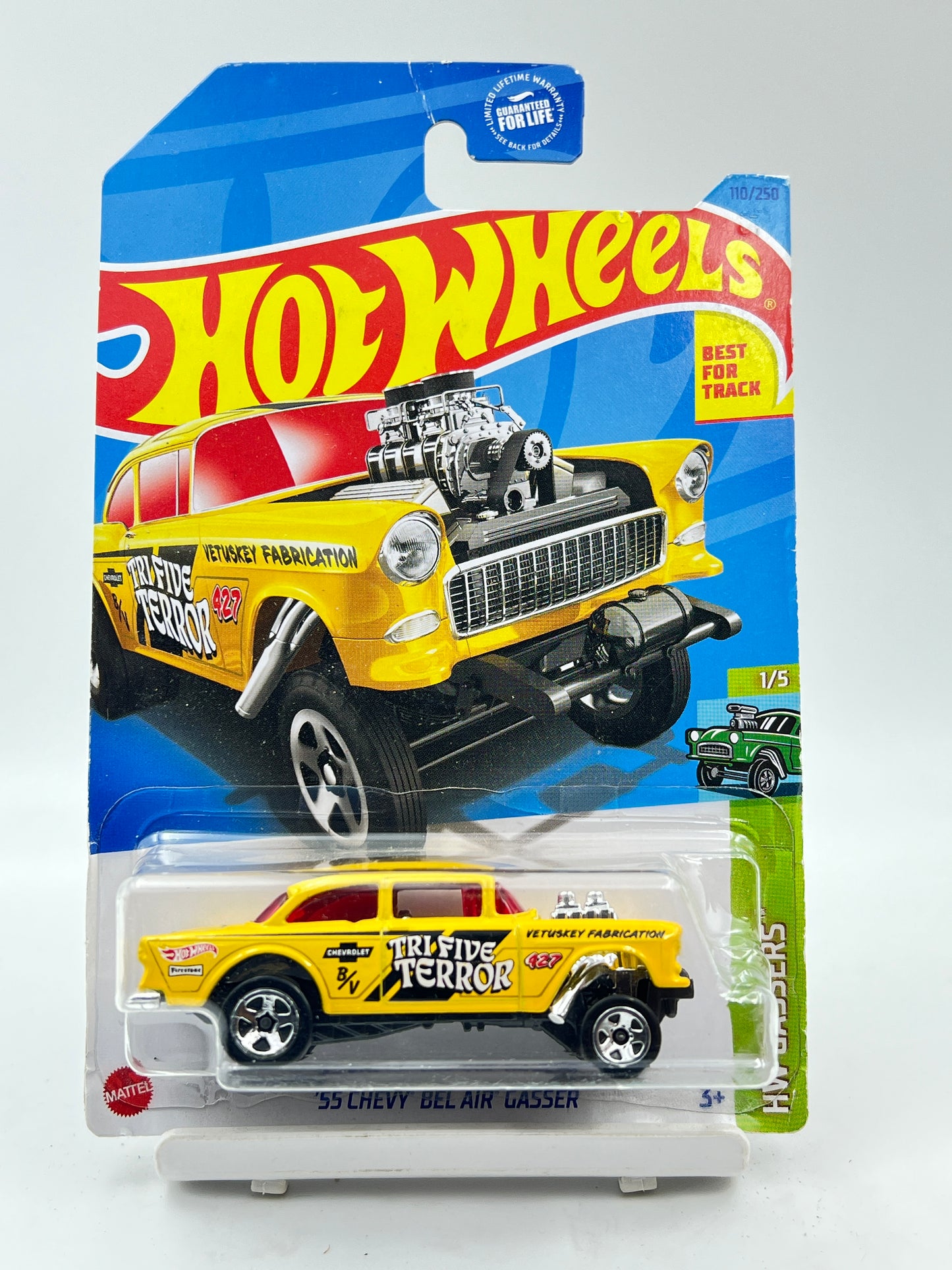 CREASED - IMPORTED - HOT WHEELS -  55 CHEVY BEL AIR GASSER - YELLOW - 2B