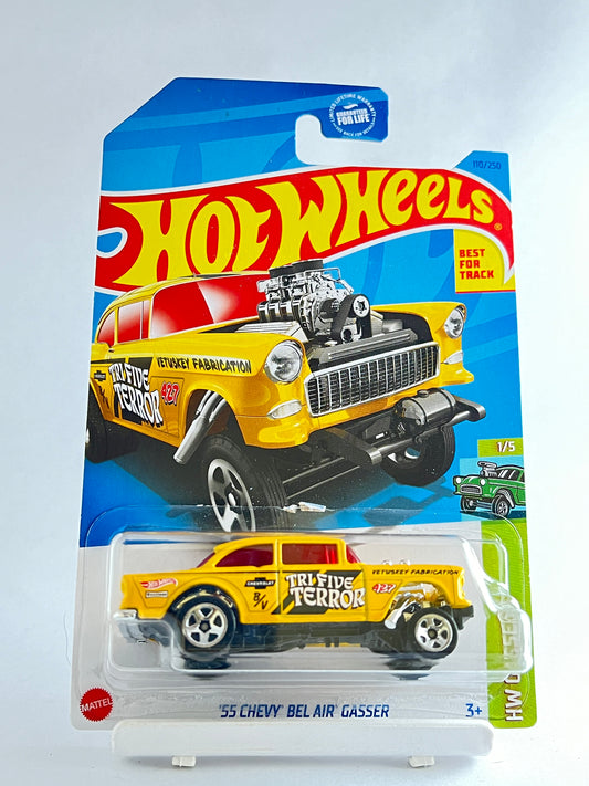 55 CHEVY BEL AIR GASSER - YELLOW -3D - Its Fun- Hot wheels - matchbox - diecast