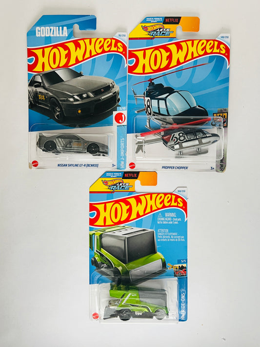 NISSAN SKYLINE GT-R (BCNR33) GODZILLA + PROPPER CHOPPER + RINK RACER - 4C - Its Fun- Hot wheels - matchbox - diecast