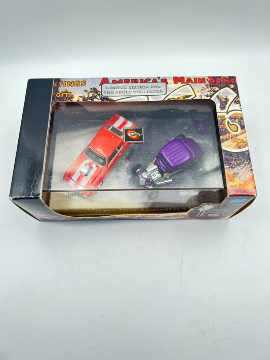 LIMITED EDITION HOT WHEELS ORIGINALS - 1969 CAMARO / 1934 FORD - ACRYLIC CASE SEALED - DUAL CARS - RUBBER BAND RESIDUE DUE TO AGEING